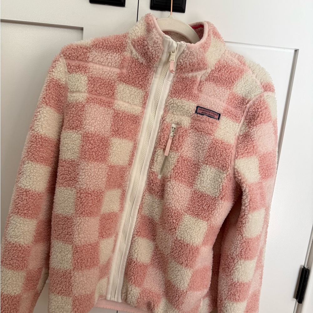 Youth L Vineyard Vines Super Shep Pink Checkered Fleece Jacket